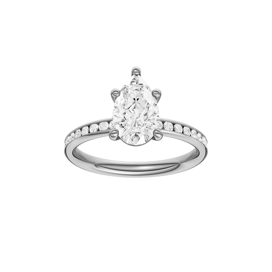 Pear-cut diamond engagement ring with a channel-set diamond band and solitaire setting.