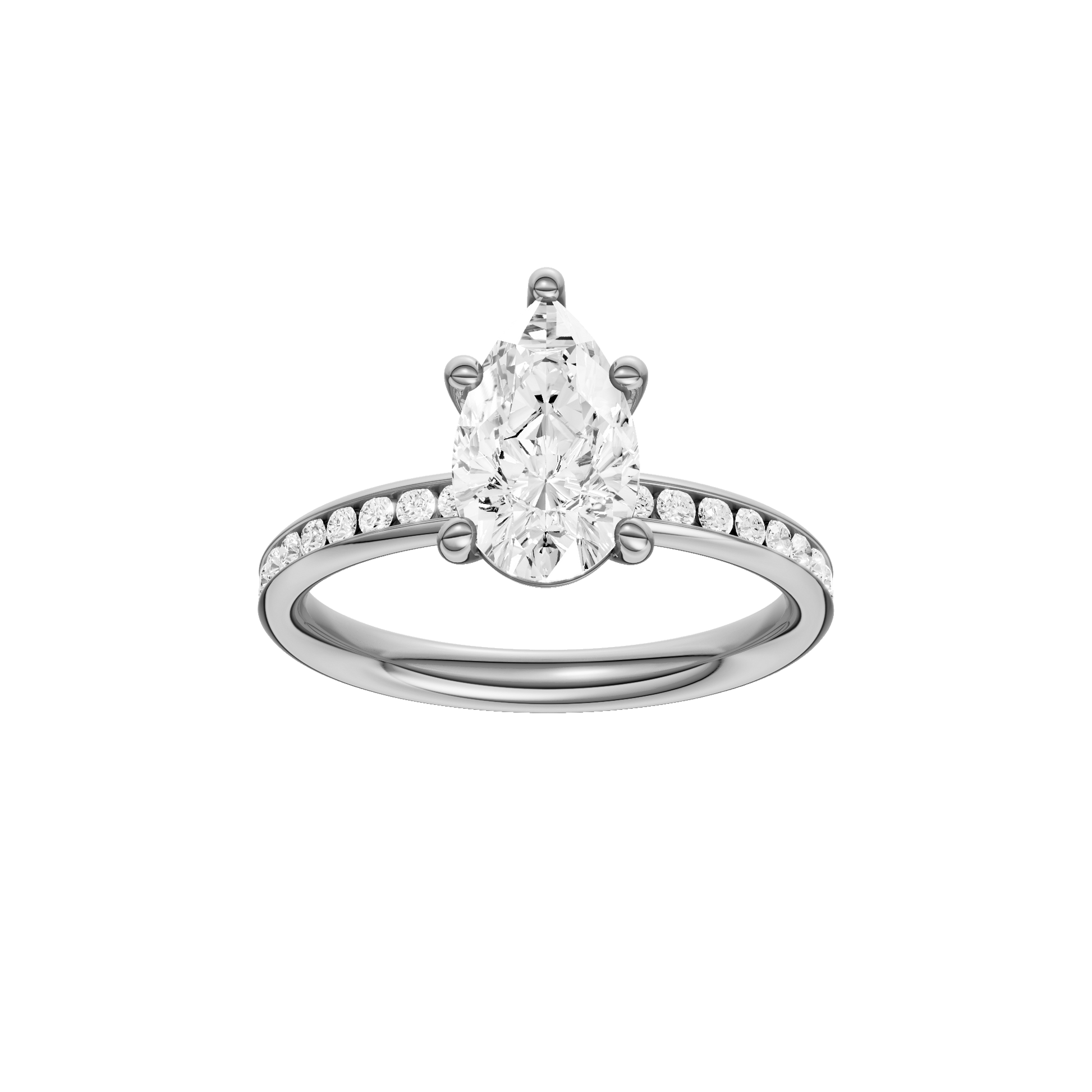 Pear-cut diamond engagement ring with a channel-set diamond band and solitaire setting.