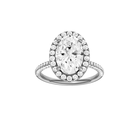 Oval-cut diamond engagement ring with a pavé-set diamond band and halo setting.