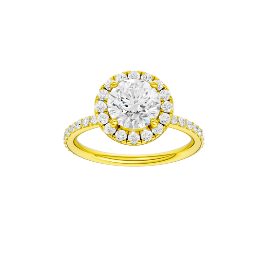 Round-cut diamond engagement ring with a prong-set diamond band and halo setting.