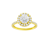 Round-cut diamond engagement ring with a prong-set diamond band and halo setting.