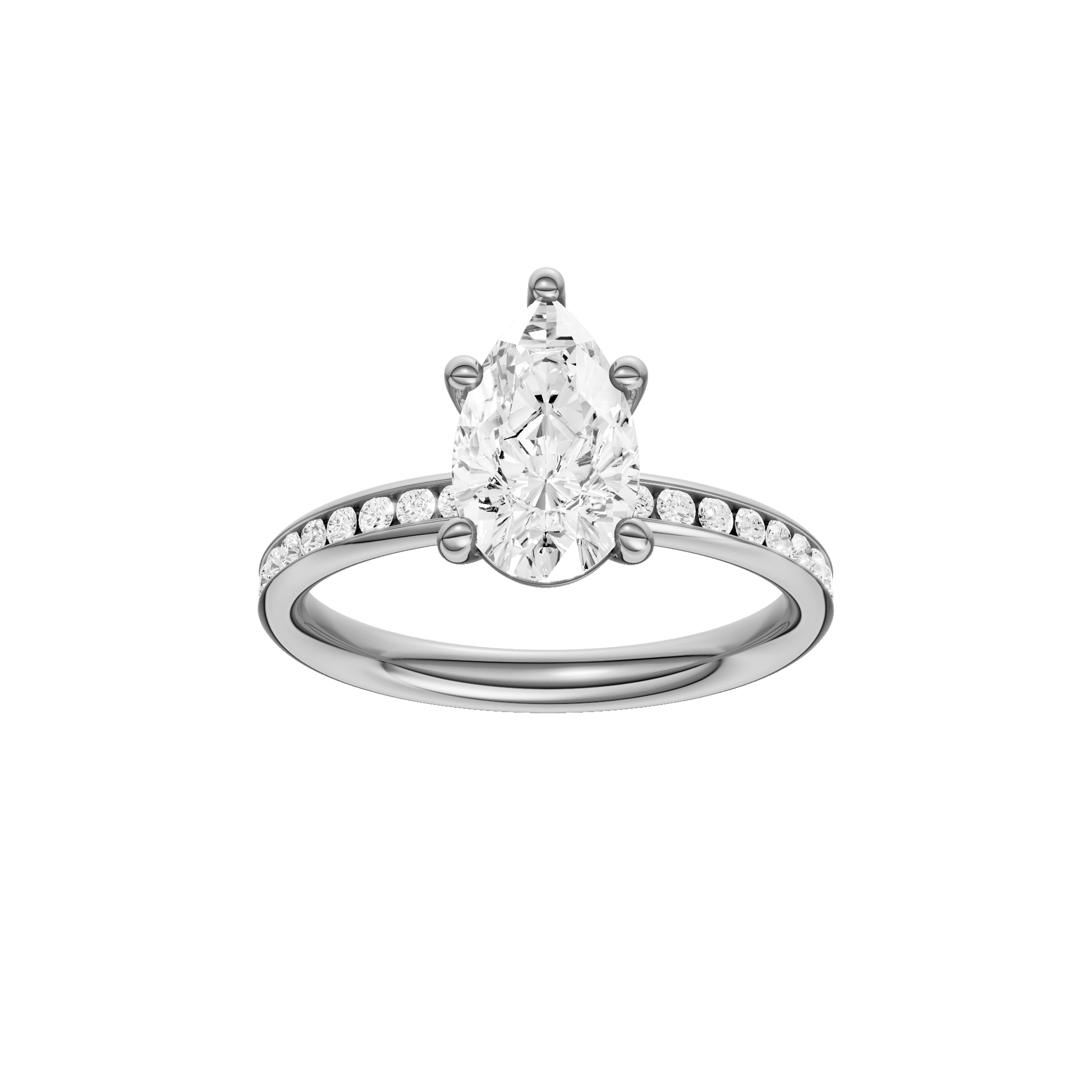 Pear-cut diamond engagement ring with a channel-set diamond band and solitaire setting.