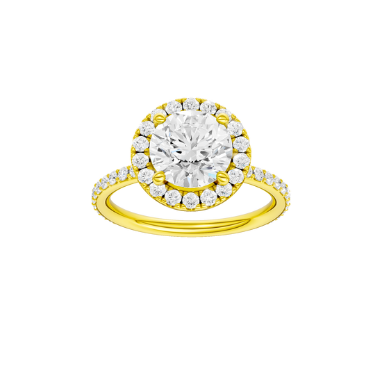 Round-cut diamond engagement ring with a prong-set diamond band and halo setting.