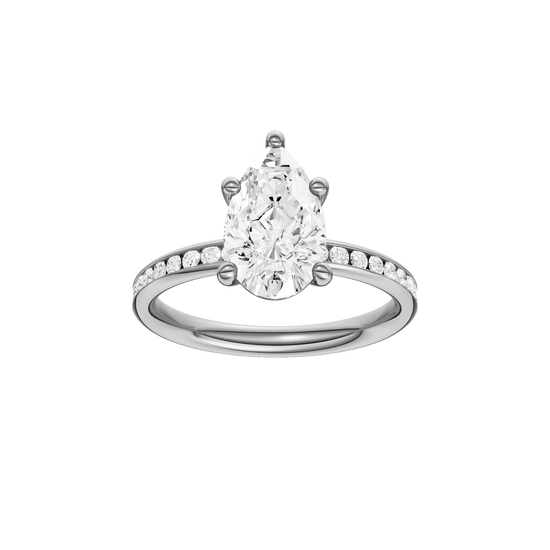 Pear-cut diamond engagement ring with a channel-set diamond band and solitaire setting.