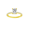 Radiant-cut diamond engagement ring with a prong-set diamond band and solitaire setting.