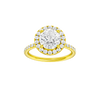Round-cut diamond engagement ring with a prong-set diamond band and halo setting.