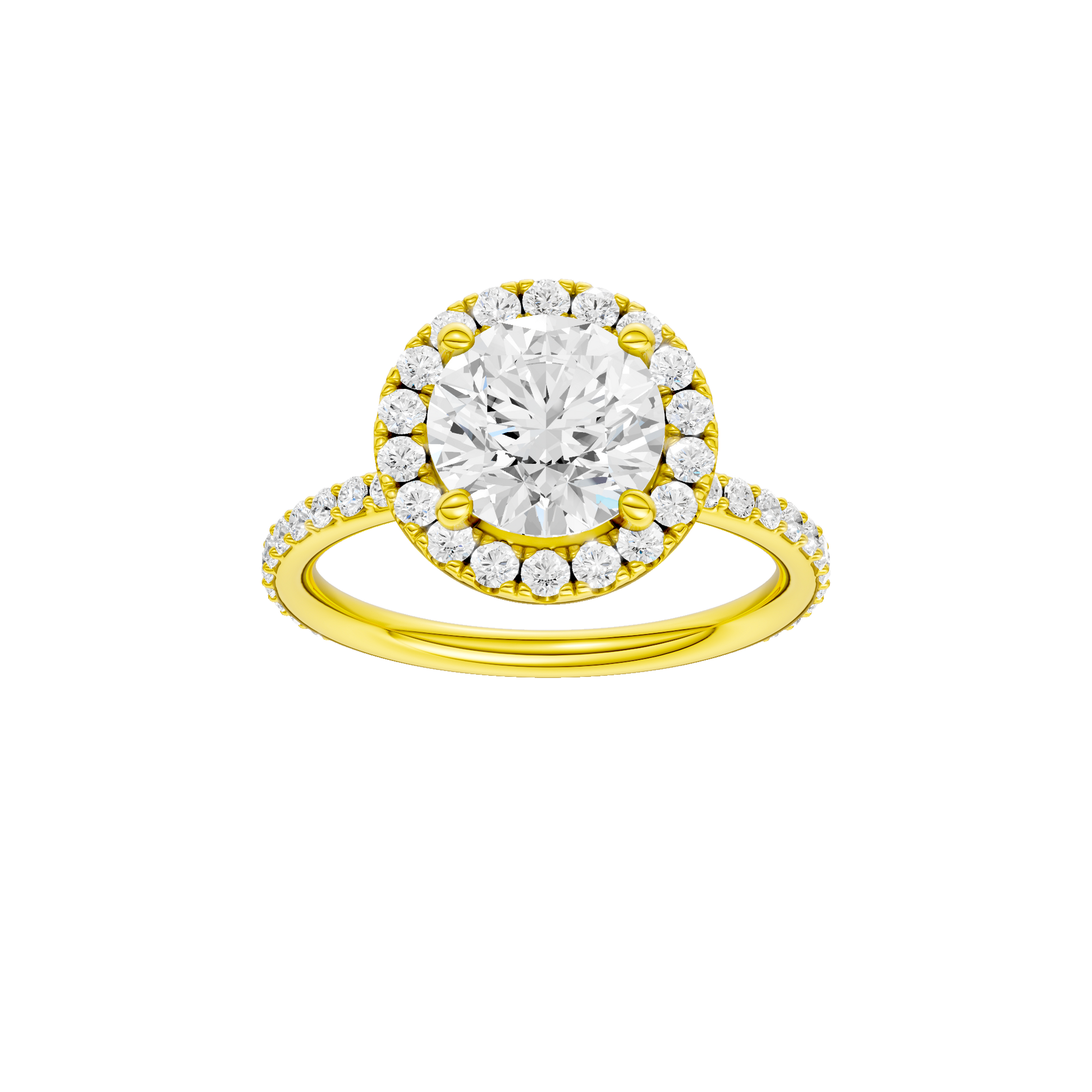 Round-cut diamond engagement ring with a prong-set diamond band and halo setting.