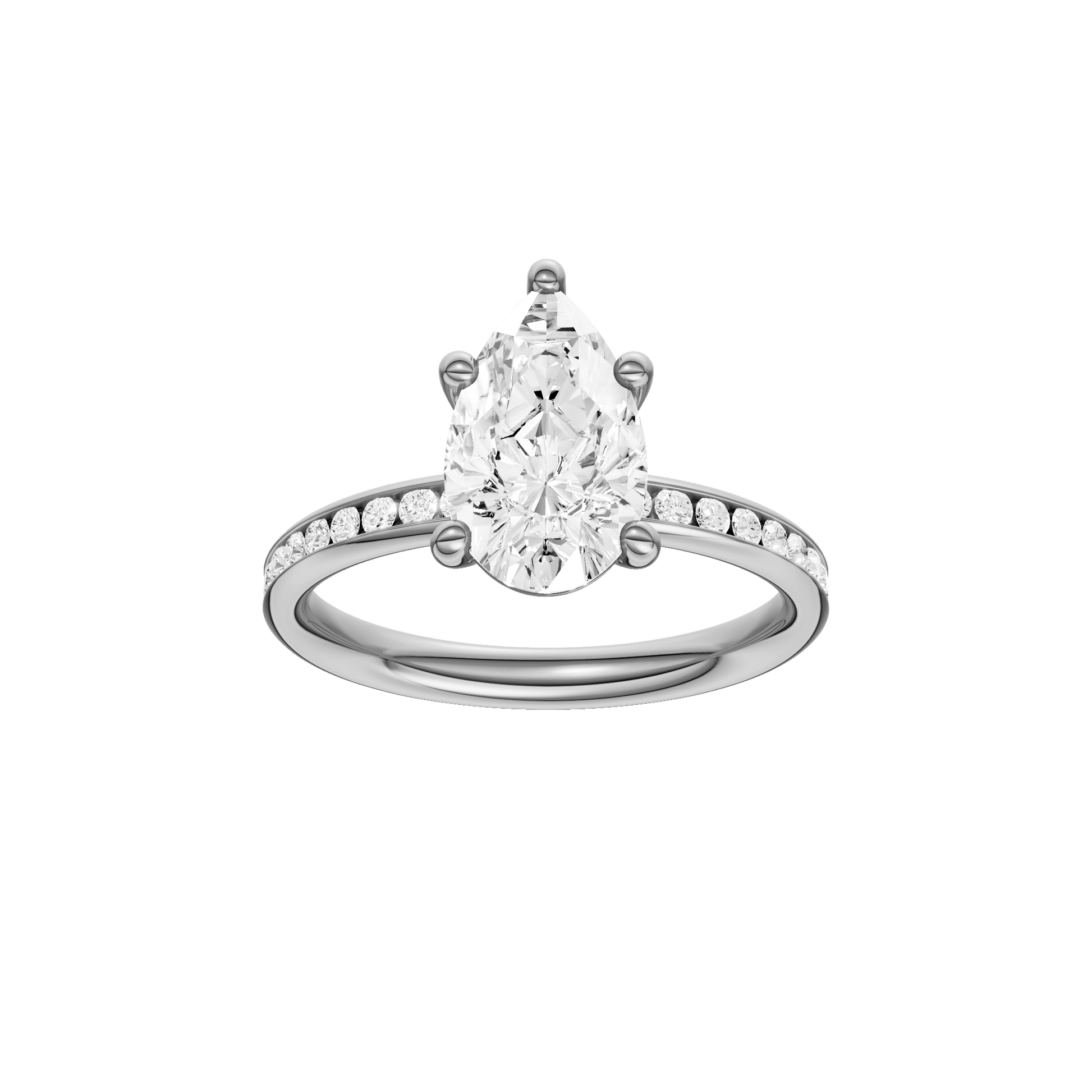 Pear-cut diamond engagement ring with a channel-set diamond band and solitaire setting.