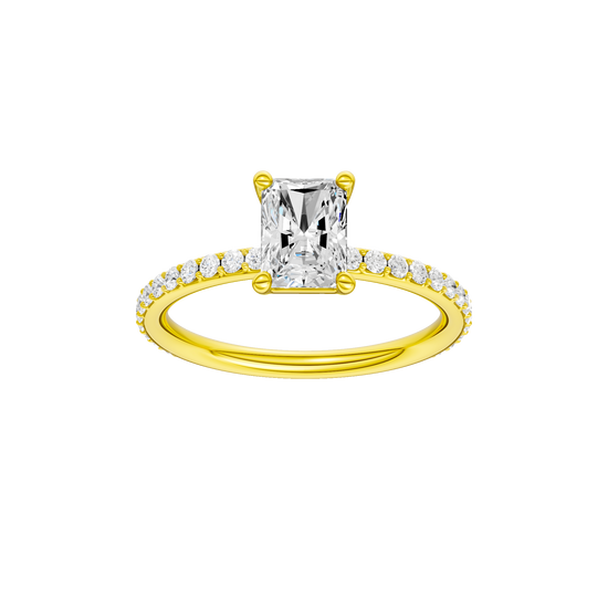Radiant-cut diamond engagement ring with a prong-set diamond band and solitaire setting.