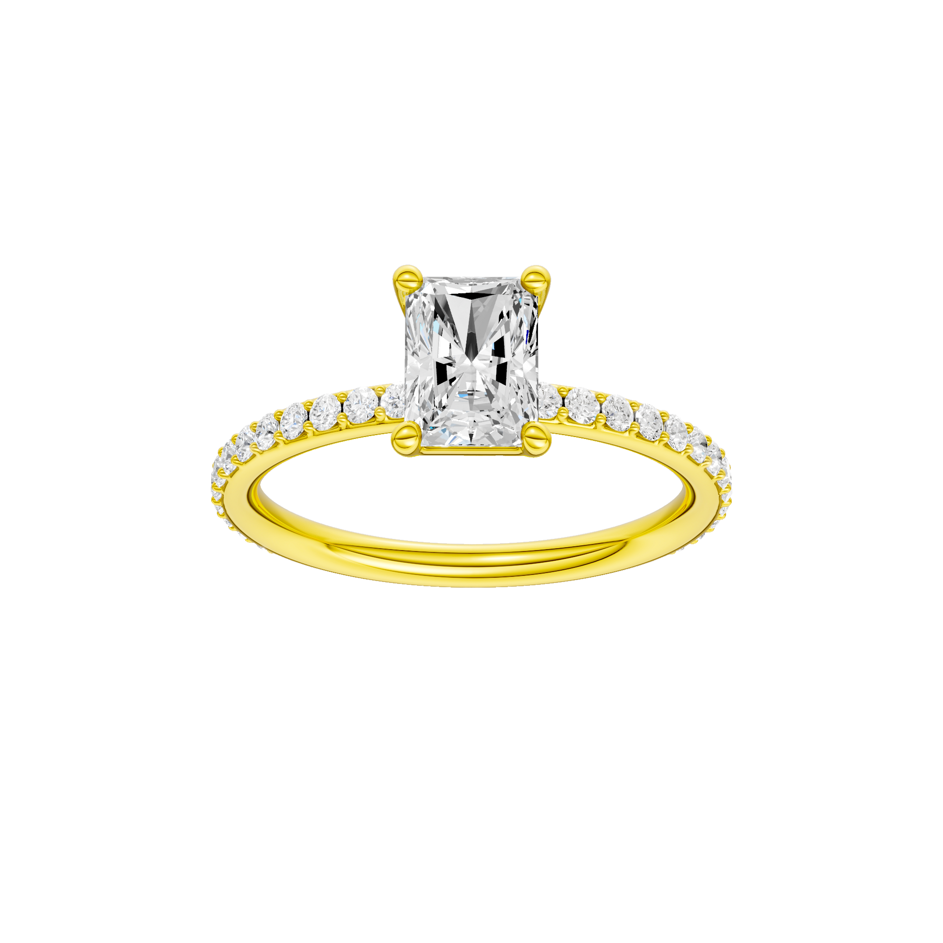 Radiant-cut diamond engagement ring with a prong-set diamond band and solitaire setting.