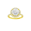 Round-cut diamond engagement ring with a prong-set diamond band and halo setting.