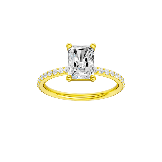 Radiant-cut diamond engagement ring with a prong-set diamond band and solitaire setting.