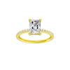 Radiant-cut diamond engagement ring with a prong-set diamond band and solitaire setting.