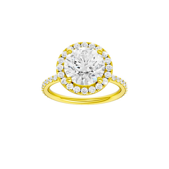 Round-cut diamond engagement ring with a prong-set diamond band and halo setting.