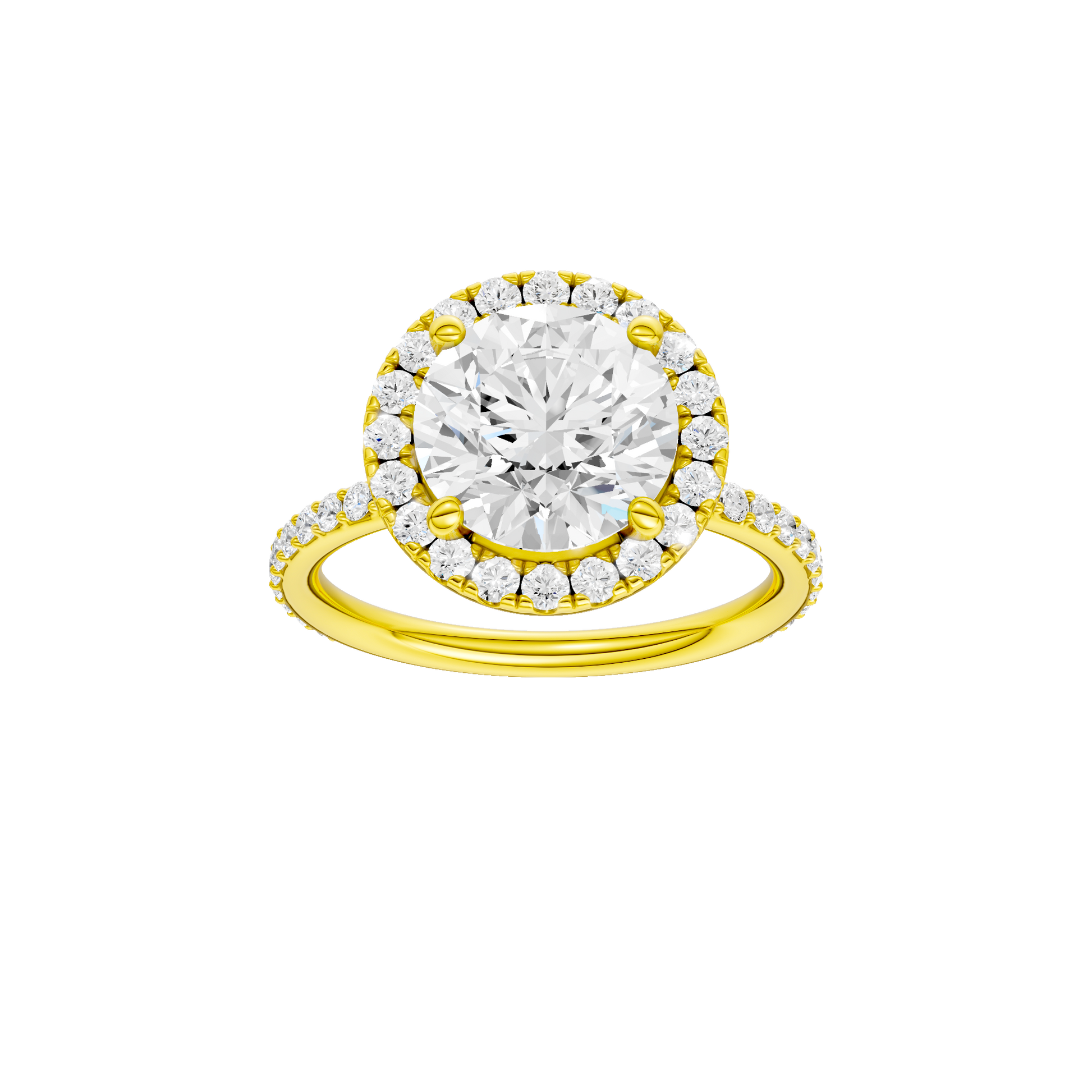 Round-cut diamond engagement ring with a prong-set diamond band and halo setting.