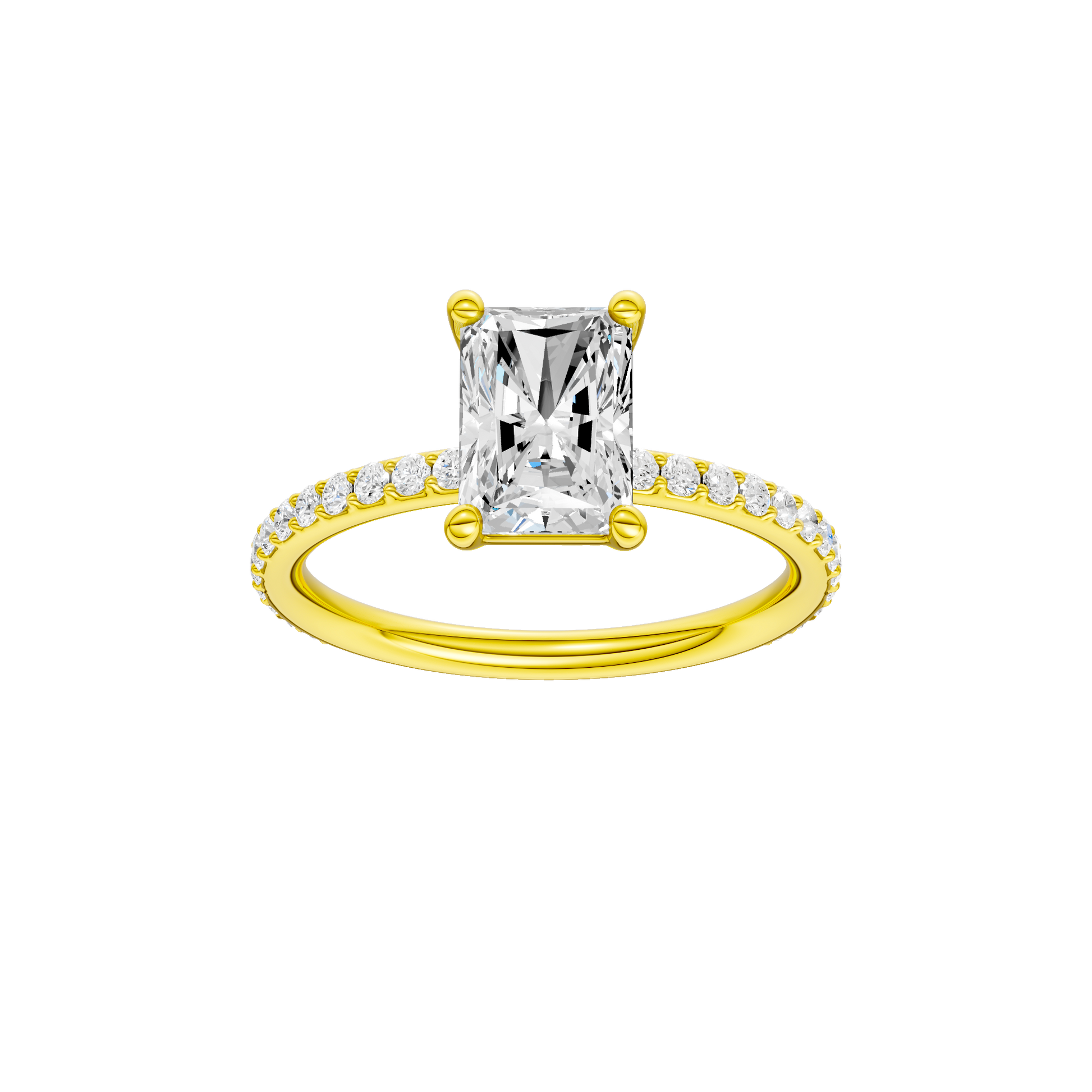 Radiant-cut diamond engagement ring with a prong-set diamond band and solitaire setting.