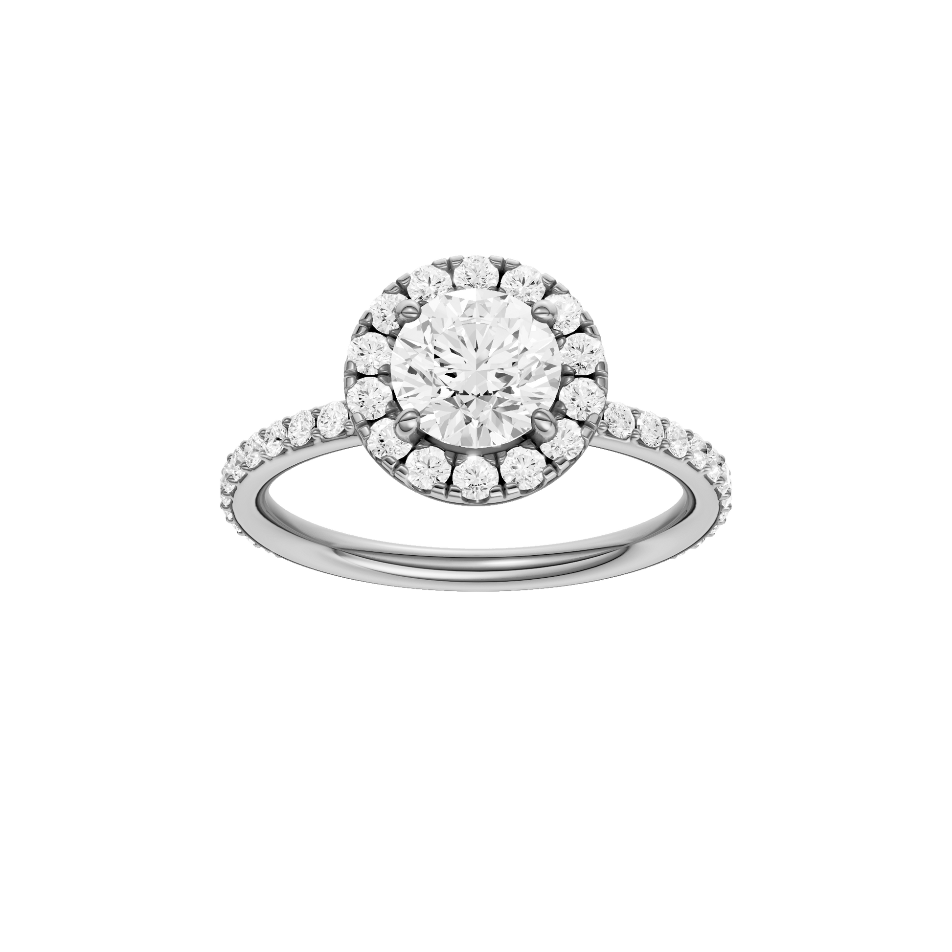Round-cut diamond engagement ring with a prong-set diamond band and halo setting.