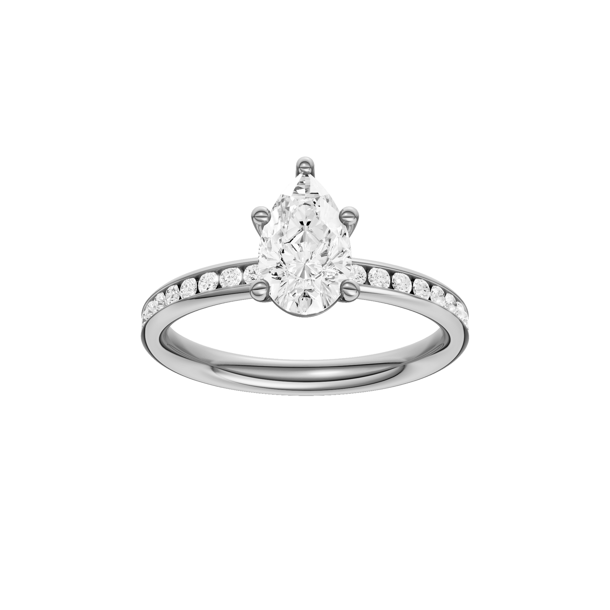 Pear-cut diamond engagement ring with a channel-set diamond band and solitaire setting.