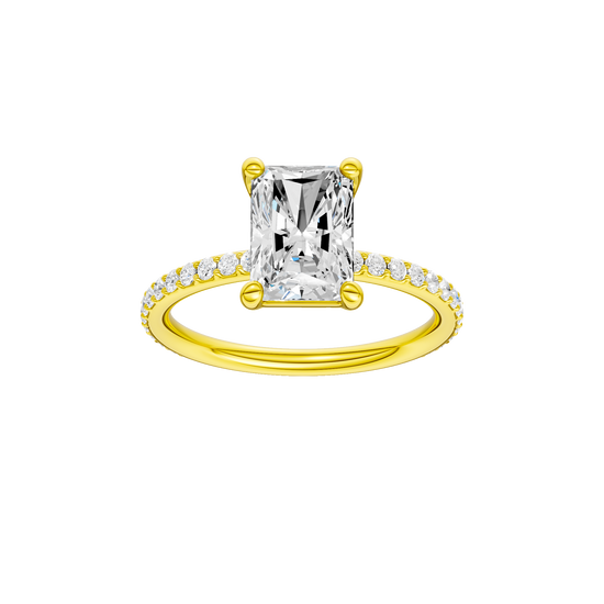Radiant-cut diamond engagement ring with a prong-set diamond band and solitaire setting.