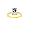 Radiant-cut diamond engagement ring with a prong-set diamond band and solitaire setting.