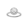 Round-cut diamond engagement ring with a prong-set diamond band and halo setting.
