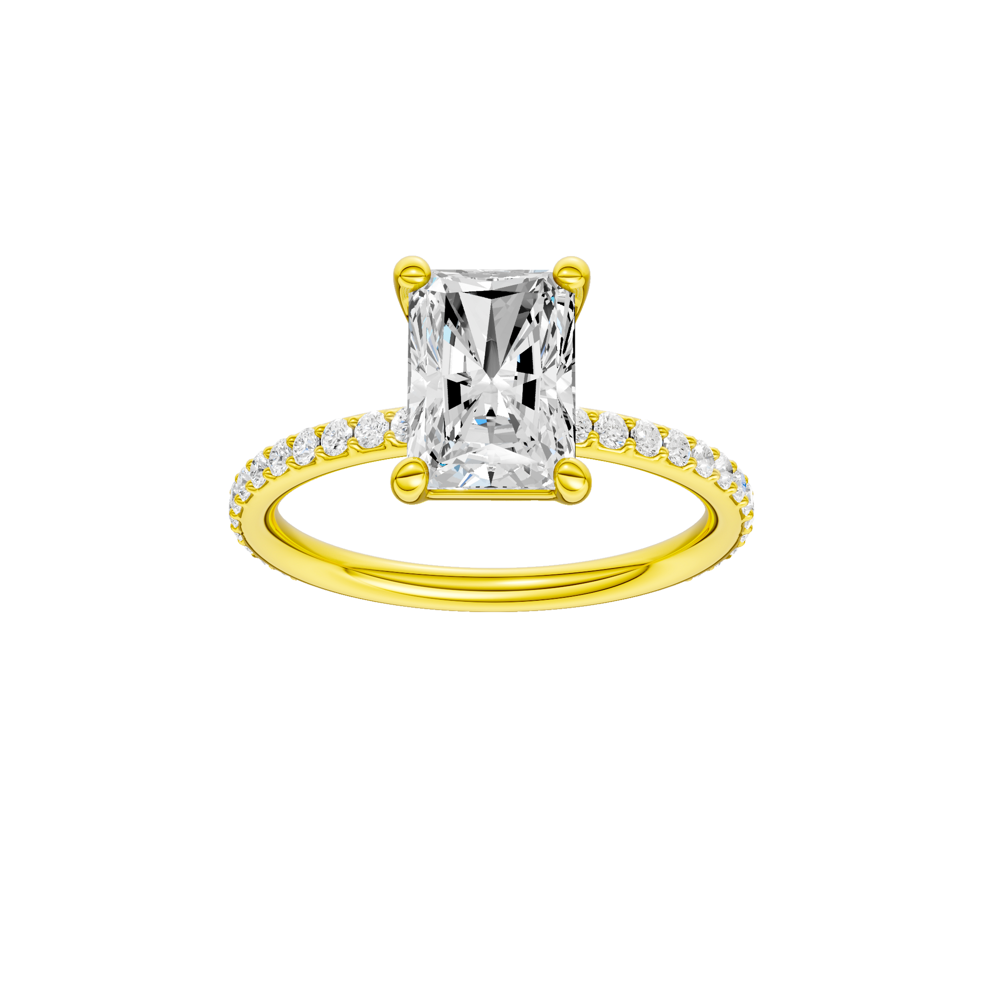 Radiant-cut diamond engagement ring with a prong-set diamond band and solitaire setting.