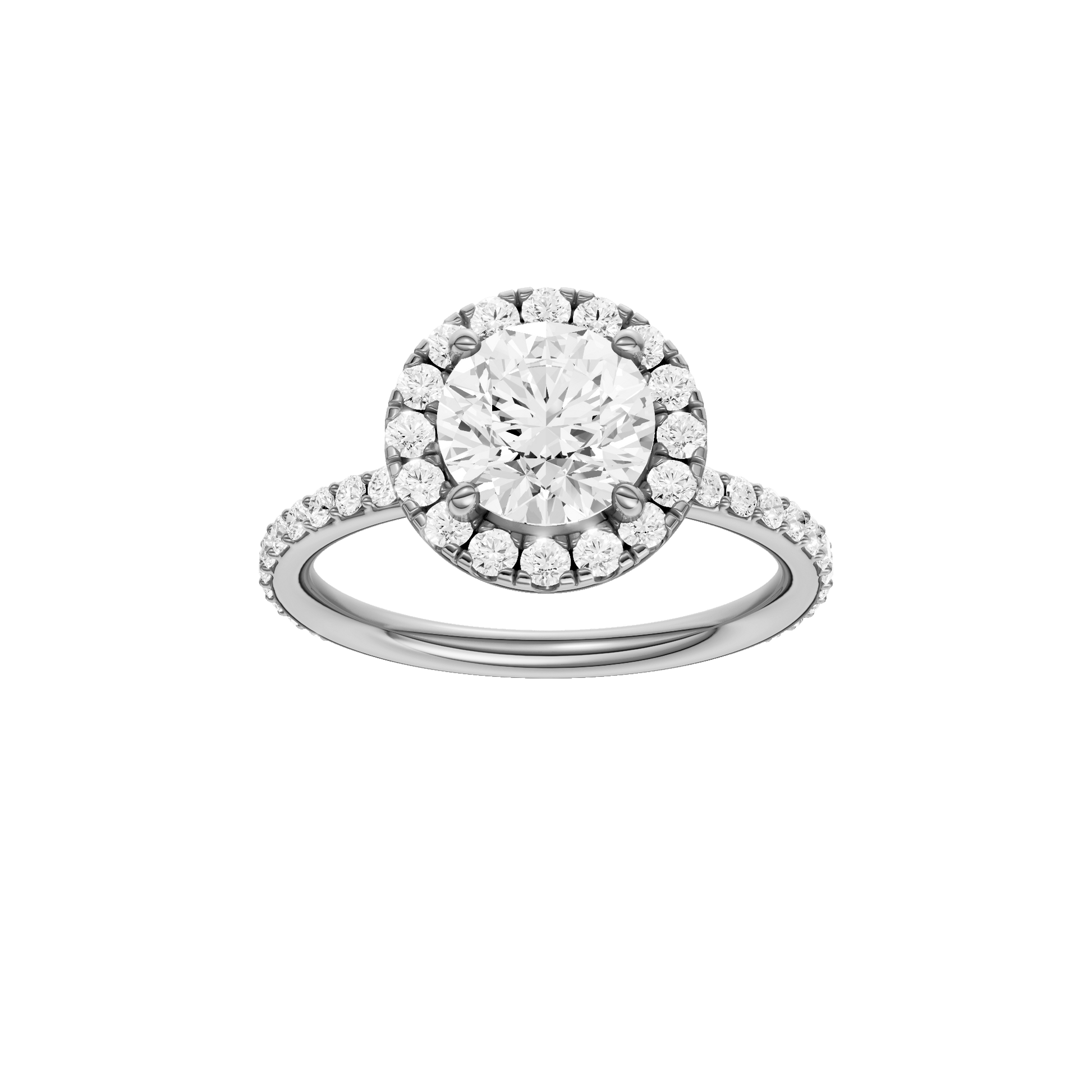 Round-cut diamond engagement ring with a prong-set diamond band and halo setting.