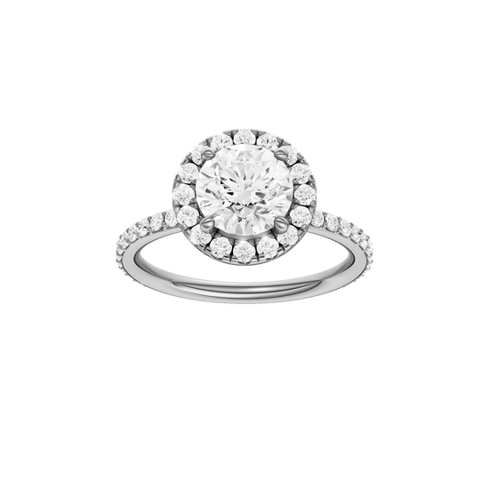 Round-cut diamond engagement ring with a prong-set diamond band and halo setting.
