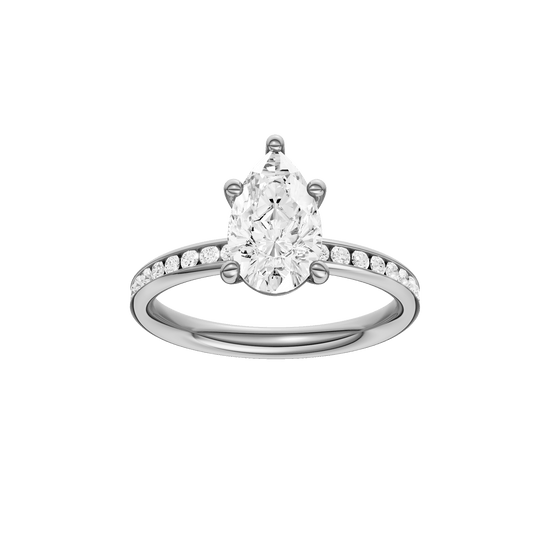 Pear-cut diamond engagement ring with a channel-set diamond band and solitaire setting.