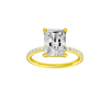 Radiant-cut diamond engagement ring with a prong-set diamond band and solitaire setting.