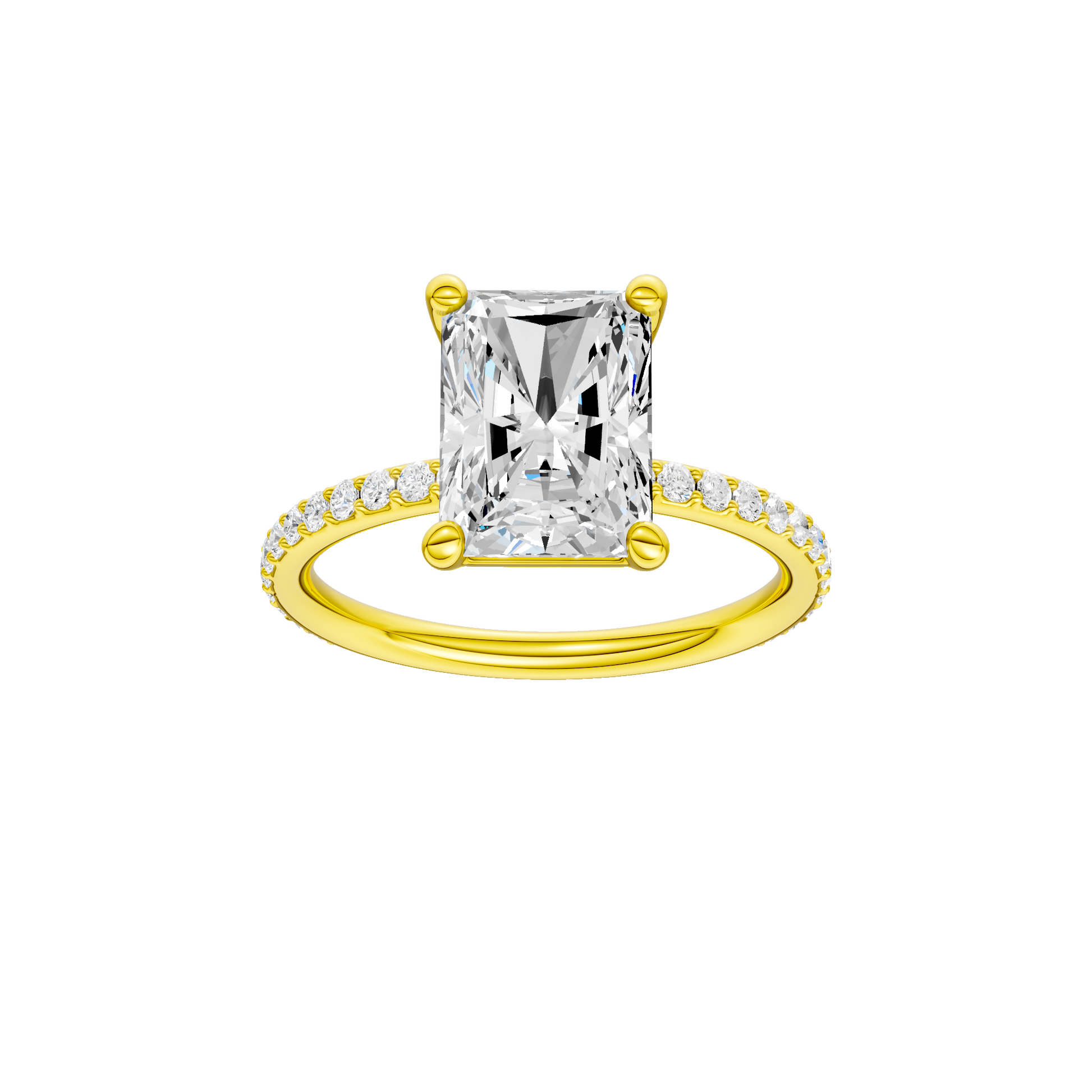 Radiant-cut diamond engagement ring with a prong-set diamond band and solitaire setting.