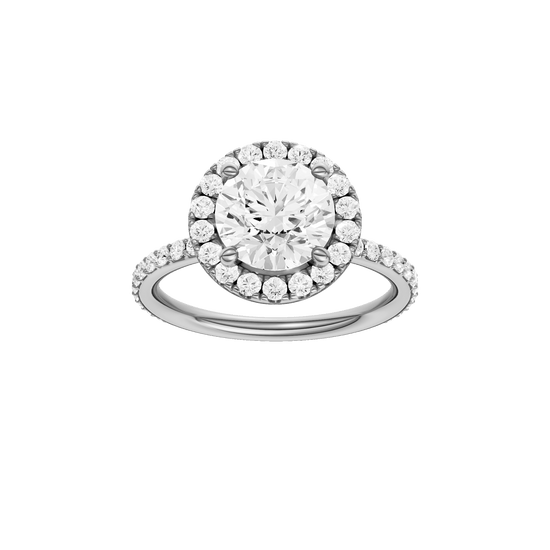 Round-cut diamond engagement ring with a prong-set diamond band and halo setting.