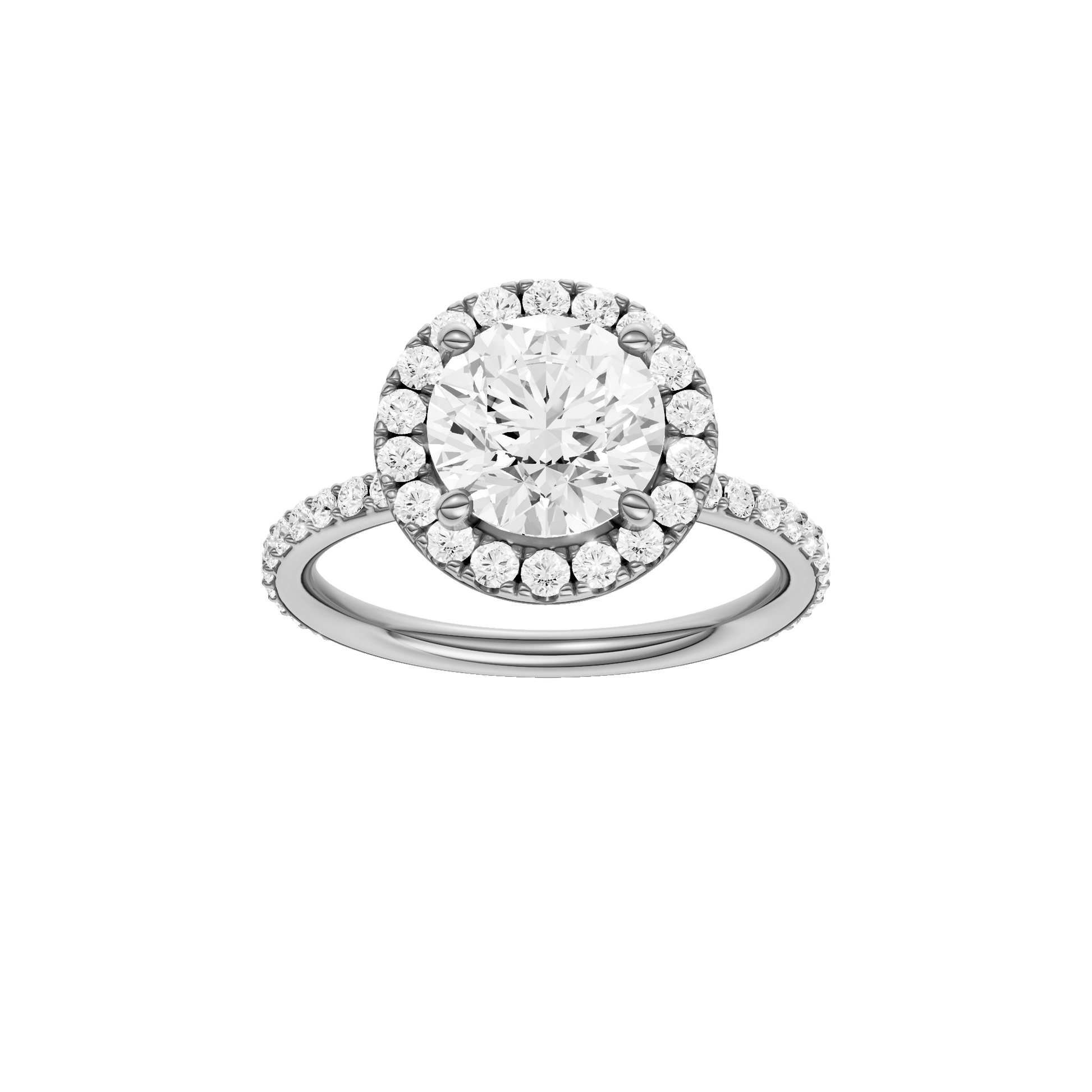 Round-cut diamond engagement ring with a prong-set diamond band and halo setting.