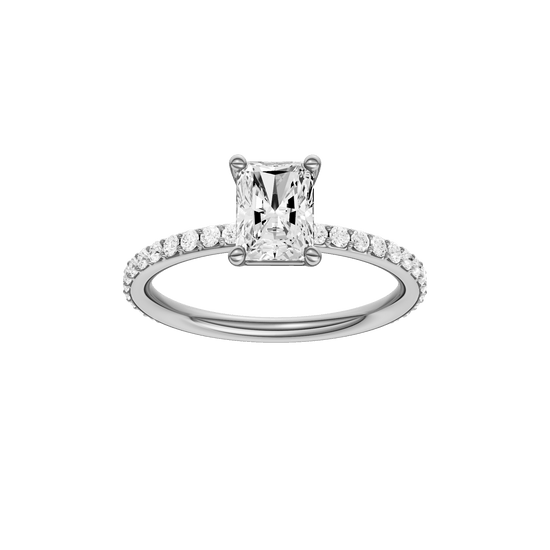 Radiant-cut diamond engagement ring with a prong-set diamond band and solitaire setting.
