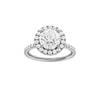 Round-cut diamond engagement ring with a prong-set diamond band and halo setting.