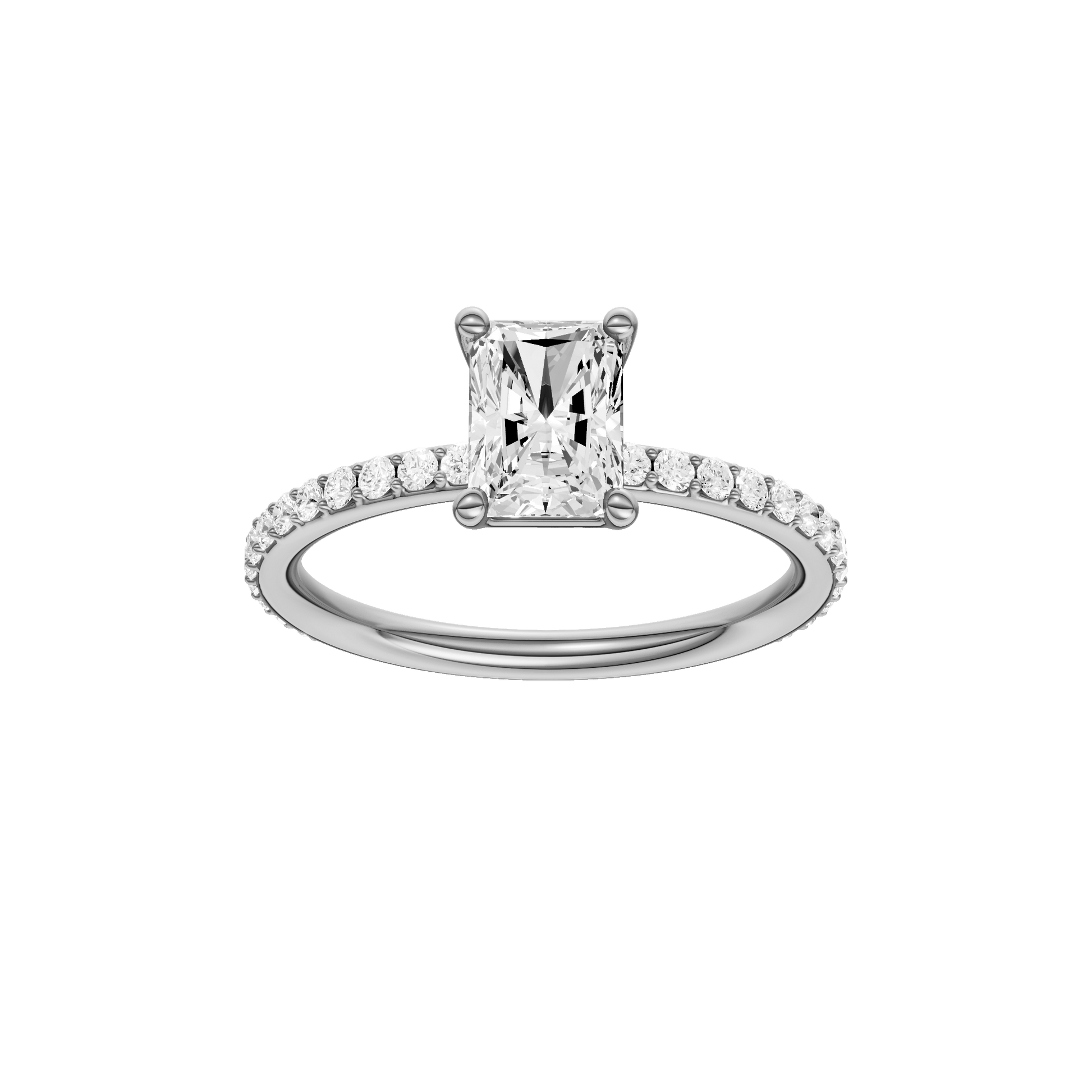 Radiant-cut diamond engagement ring with a prong-set diamond band and solitaire setting.