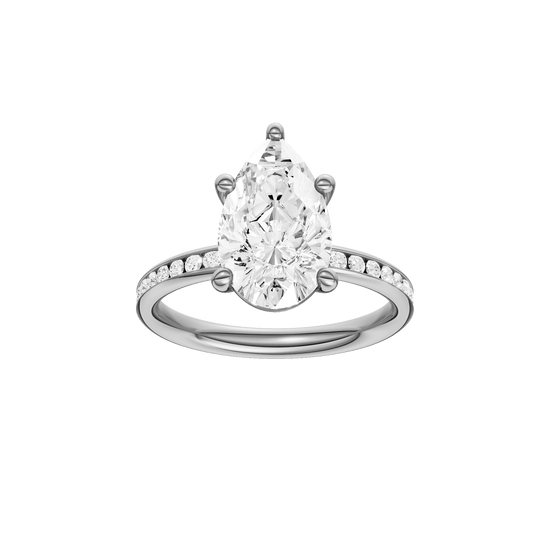 Pear-cut diamond engagement ring with a channel-set diamond band and solitaire setting.
