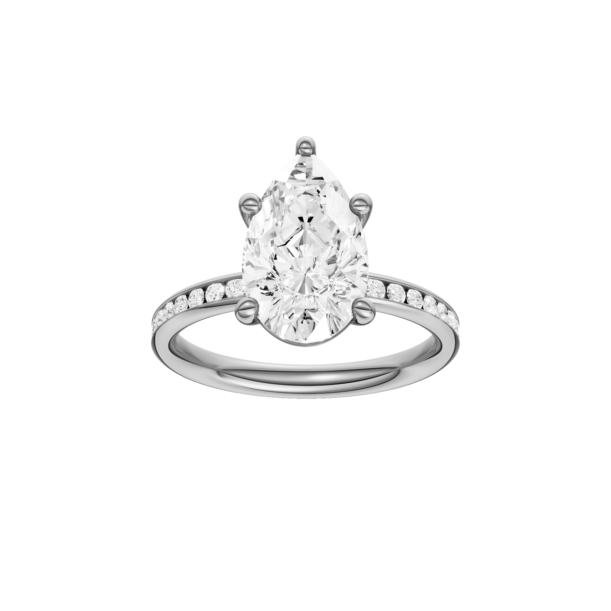 Pear-cut diamond engagement ring with a channel-set diamond band and solitaire setting.