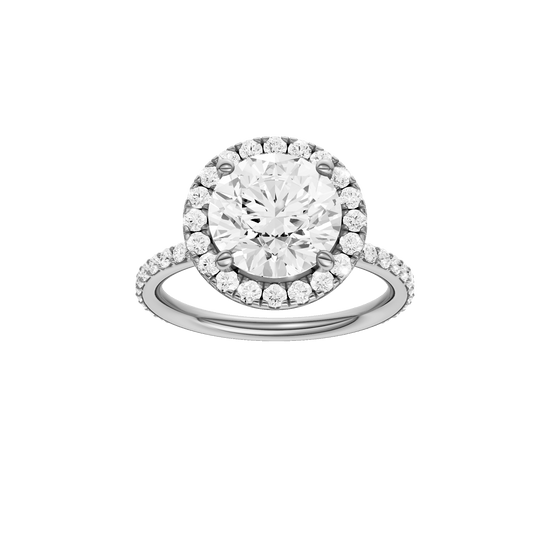 Round-cut diamond engagement ring with a prong-set diamond band and halo setting.
