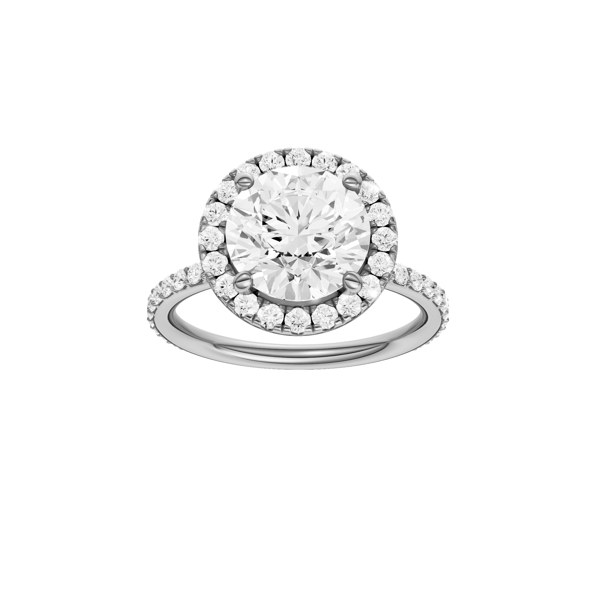 Round-cut diamond engagement ring with a prong-set diamond band and halo setting.