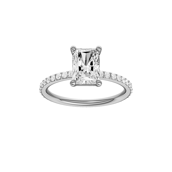 Radiant-cut diamond engagement ring with a prong-set diamond band and solitaire setting.