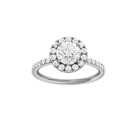 Round-cut diamond engagement ring with a prong-set diamond band and halo setting.