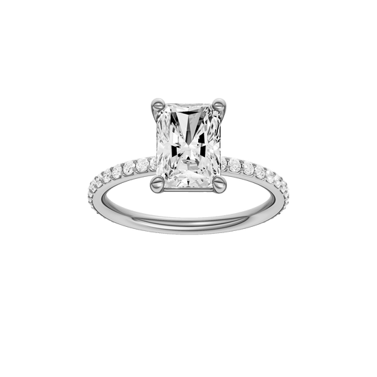Radiant-cut diamond engagement ring with a prong-set diamond band and solitaire setting.
