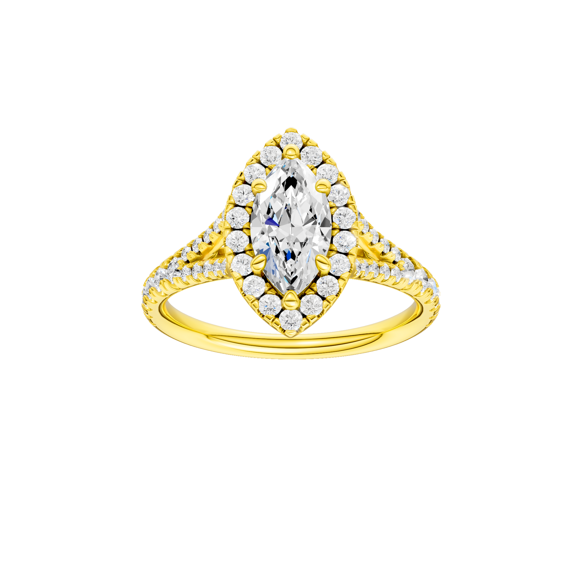Marquise-cut diamond engagement ring with a prong-set diamond band and halo setting.