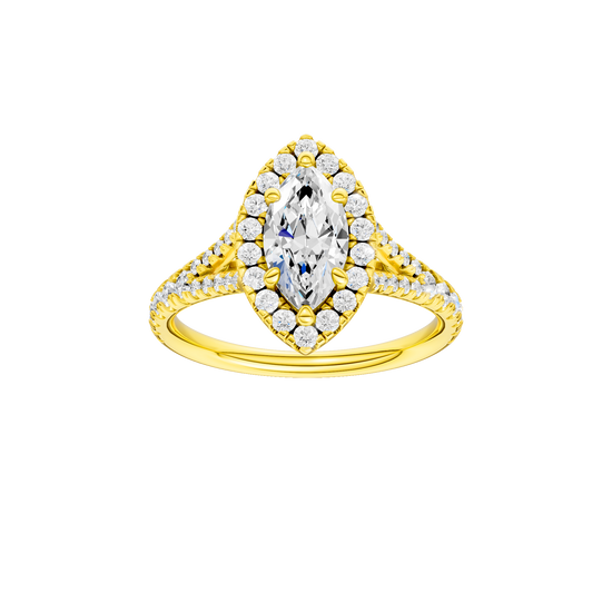 Marquise-cut diamond engagement ring with a prong-set diamond band and halo setting.