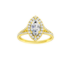 Marquise-cut diamond engagement ring with a prong-set diamond band and halo setting.