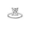 Radiant-cut diamond engagement ring with a prong-set diamond band and solitaire setting.