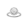 Round-cut diamond engagement ring with a prong-set diamond band and halo setting.