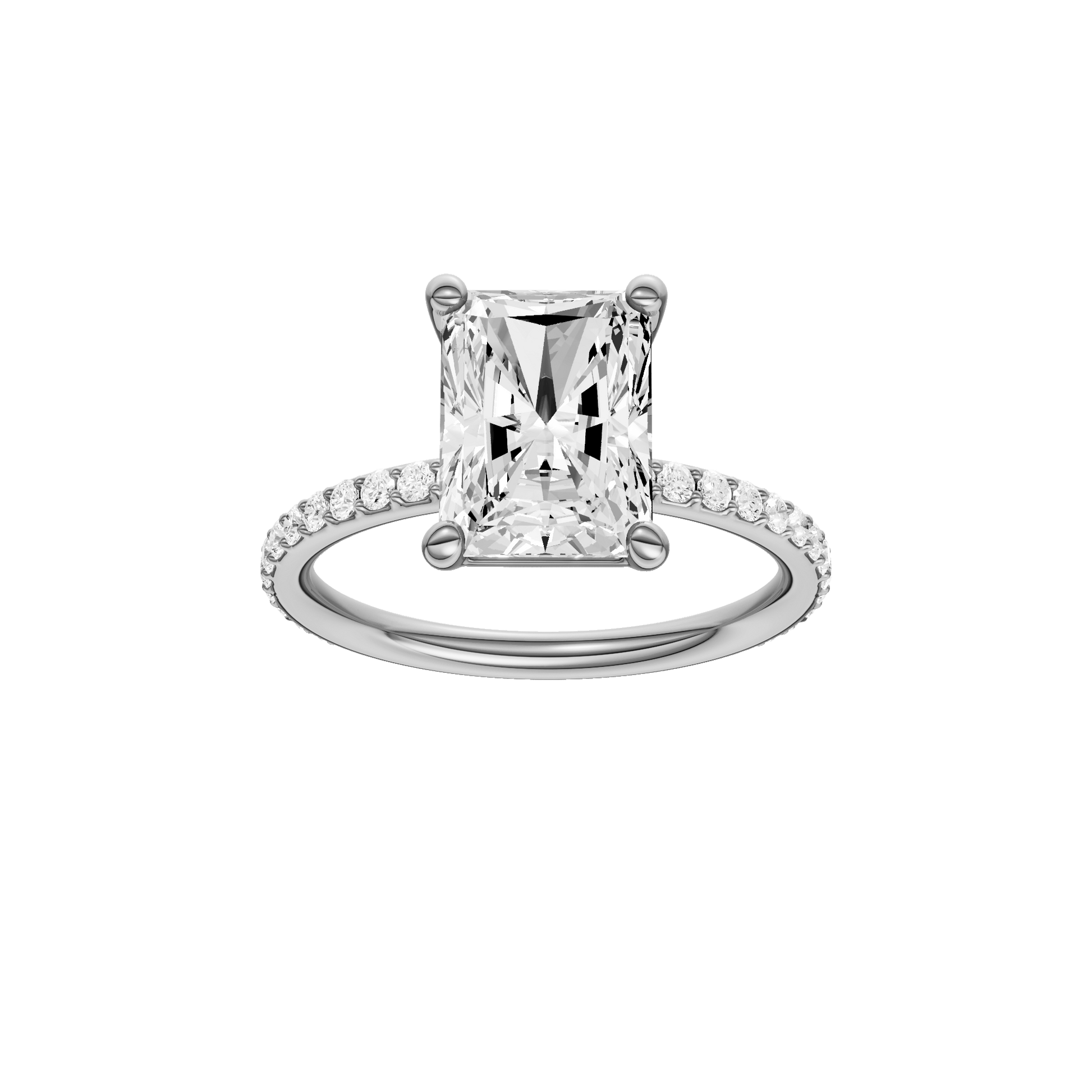 Radiant-cut diamond engagement ring with a prong-set diamond band and solitaire setting.