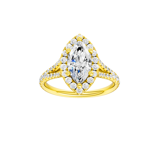 Marquise-cut diamond engagement ring with a prong-set diamond band and halo setting.